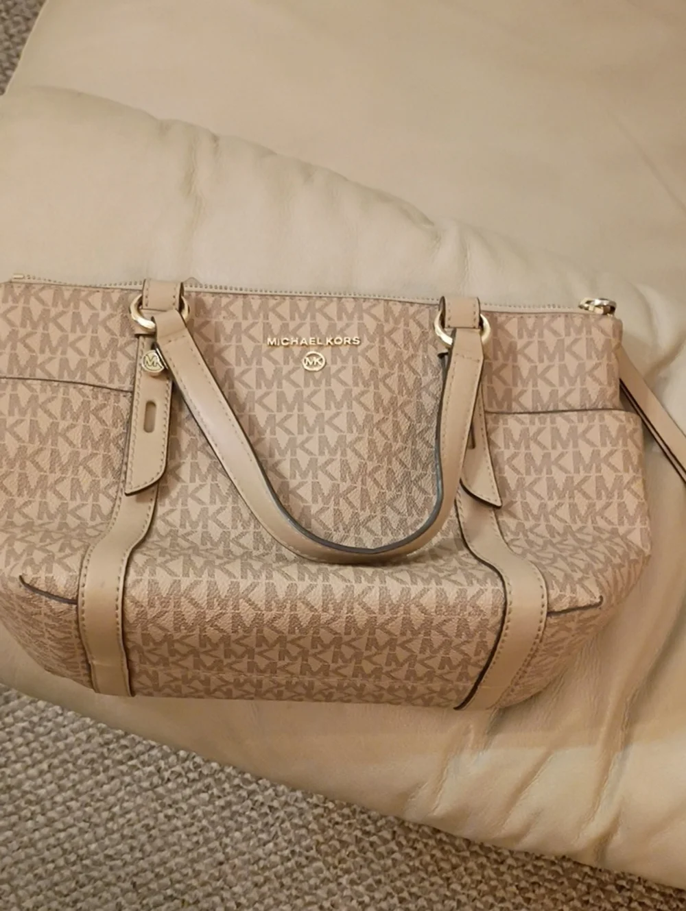 Michael Kors Beige Logo-Print Satchel with Tan Trim